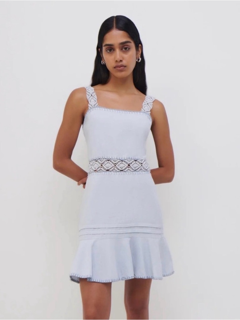 NWT Jonathan Simkhai Flora Macrame Light Blue Denim Strap Mini Dress size 2